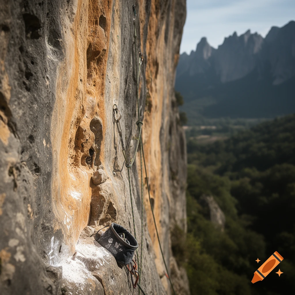 Close-up of a rock climbing wall with a chalk bag, ropes, and carabiners, with distant mountains and forests under a cloudy sky.