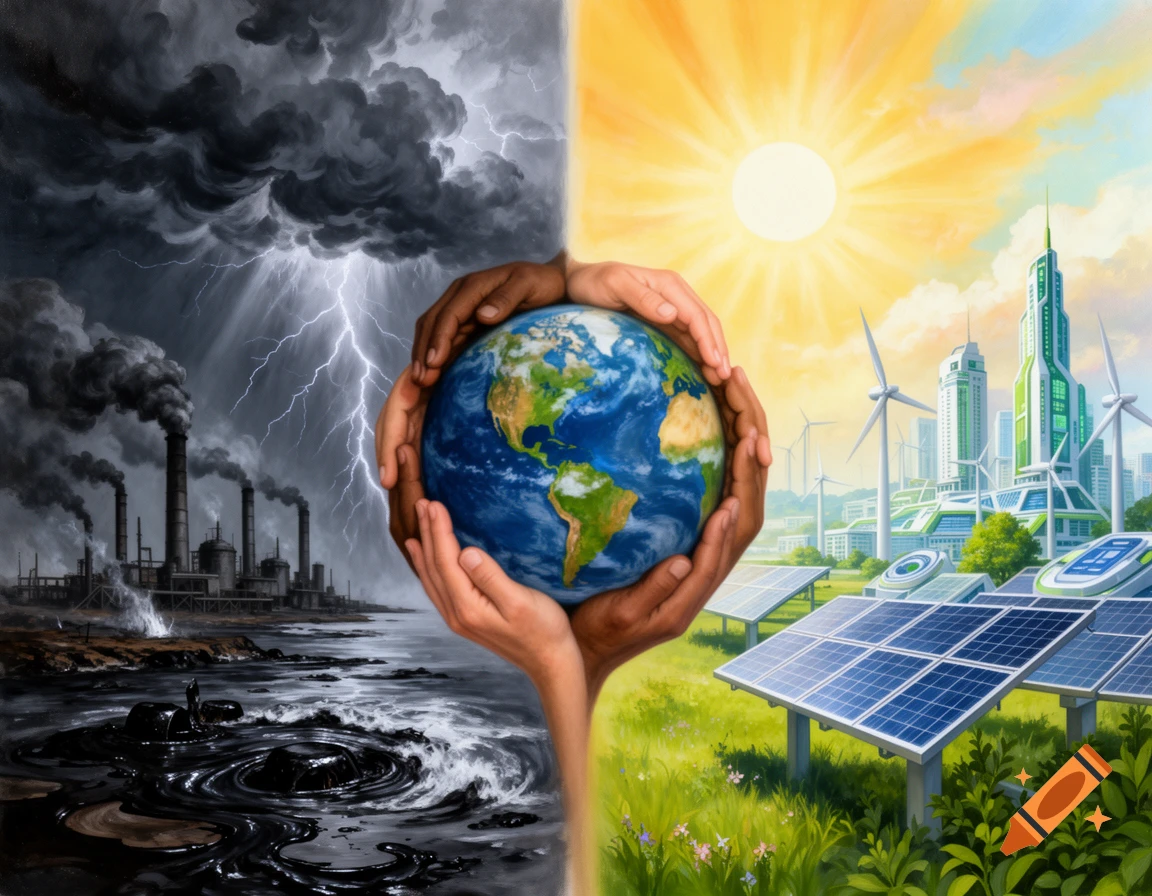 A split image: polluting factories and dark storms on the left, clean energy, green city, and sun on the right, with diverse hands holding Earth in the center.