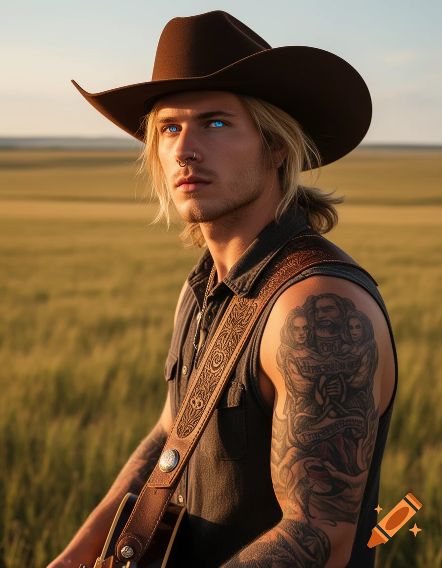 A man with blonde hair, blue eyes, a nose ring, and a brown cowboy hat wears a sleeveless shirt and a patterned guitar strap, standing in a golden field.