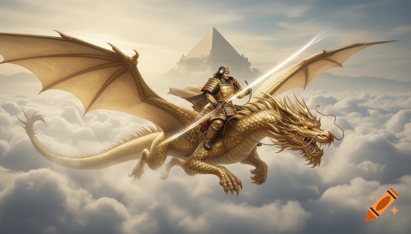 Golden-armored samurai rides a golden dragon with glowing katana above clouds, an ancient pyramid in background. Fantasy art.