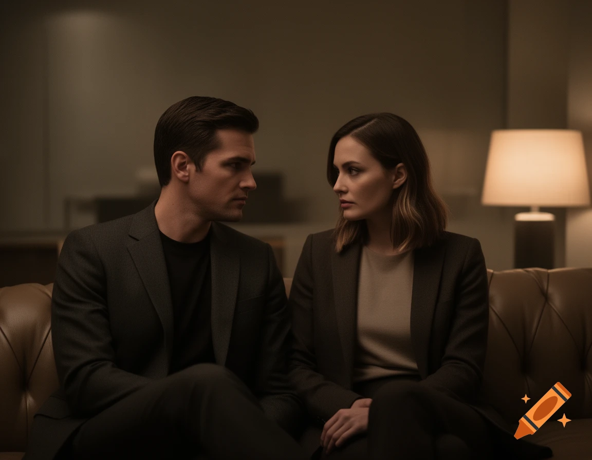 Photorealistic cinematic image of a man and woman in business attire sitting on a couch, looking at each other with subtle tension.