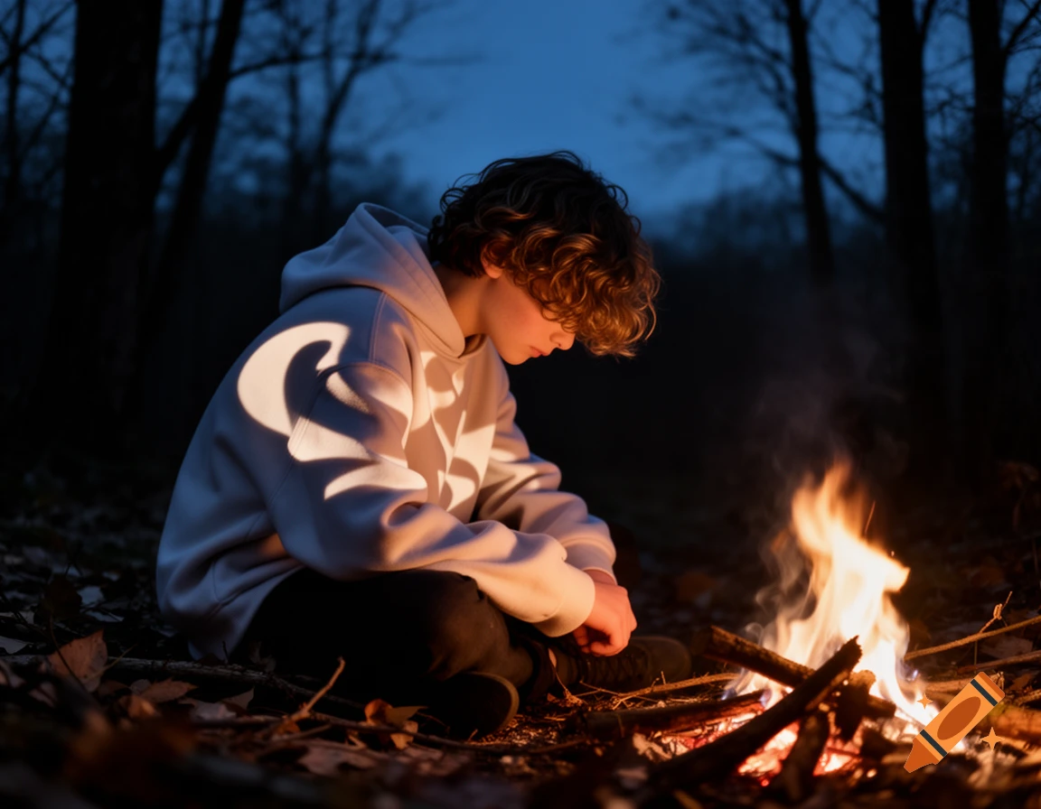 A young person with curly hair sits by a crackling campfire in a dark forest at night, a bright shadow on their white hoodie.