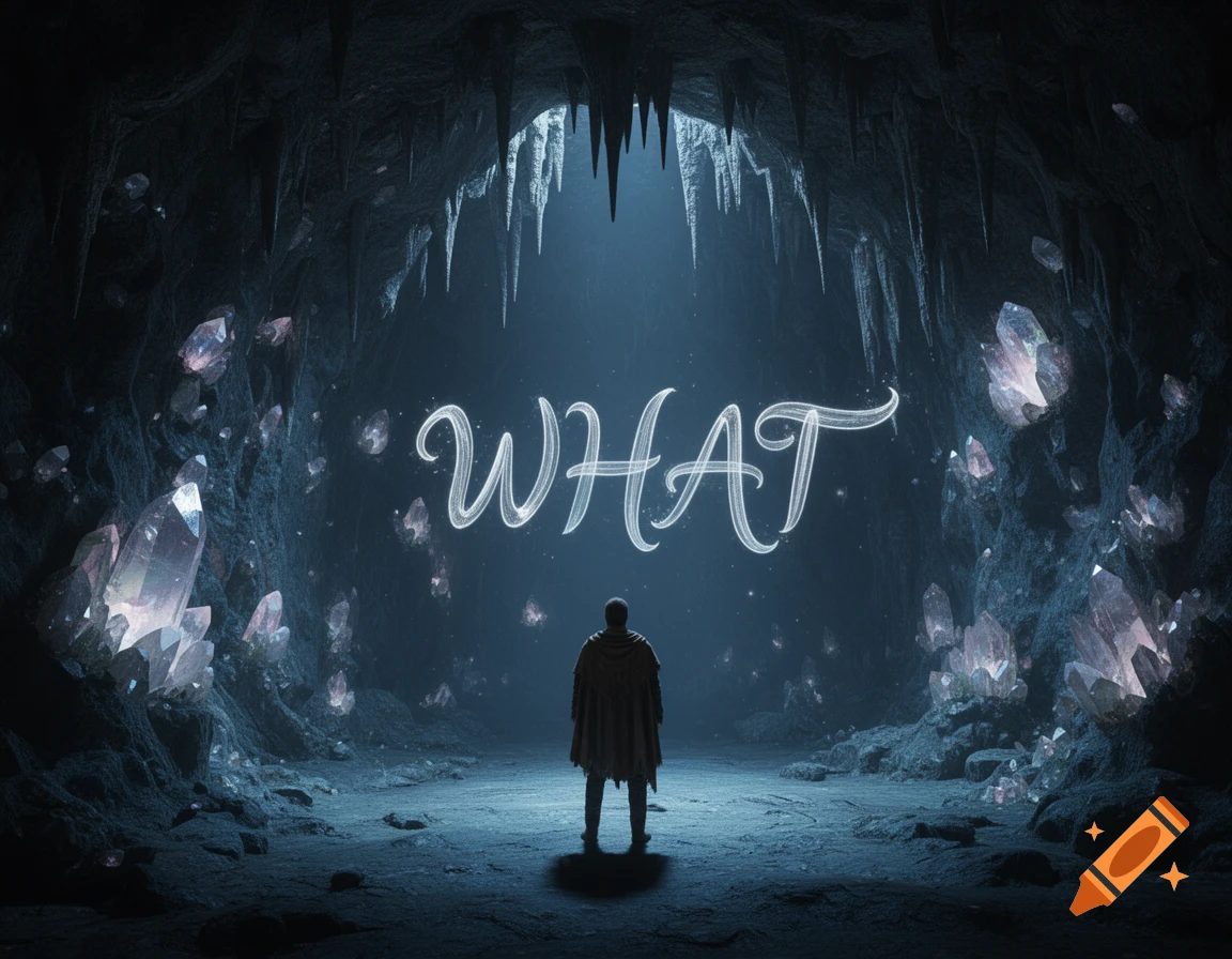 A lone figure stands in a dark, crystal-filled cave, looking at the glowing word 'WHAT' floating in the air.