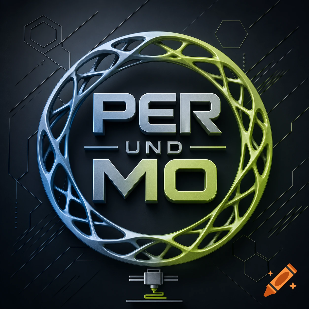 3D logo for PER UND MO with metallic text, an abstract blue and green ring, and a 3D printer on a dark tech background.