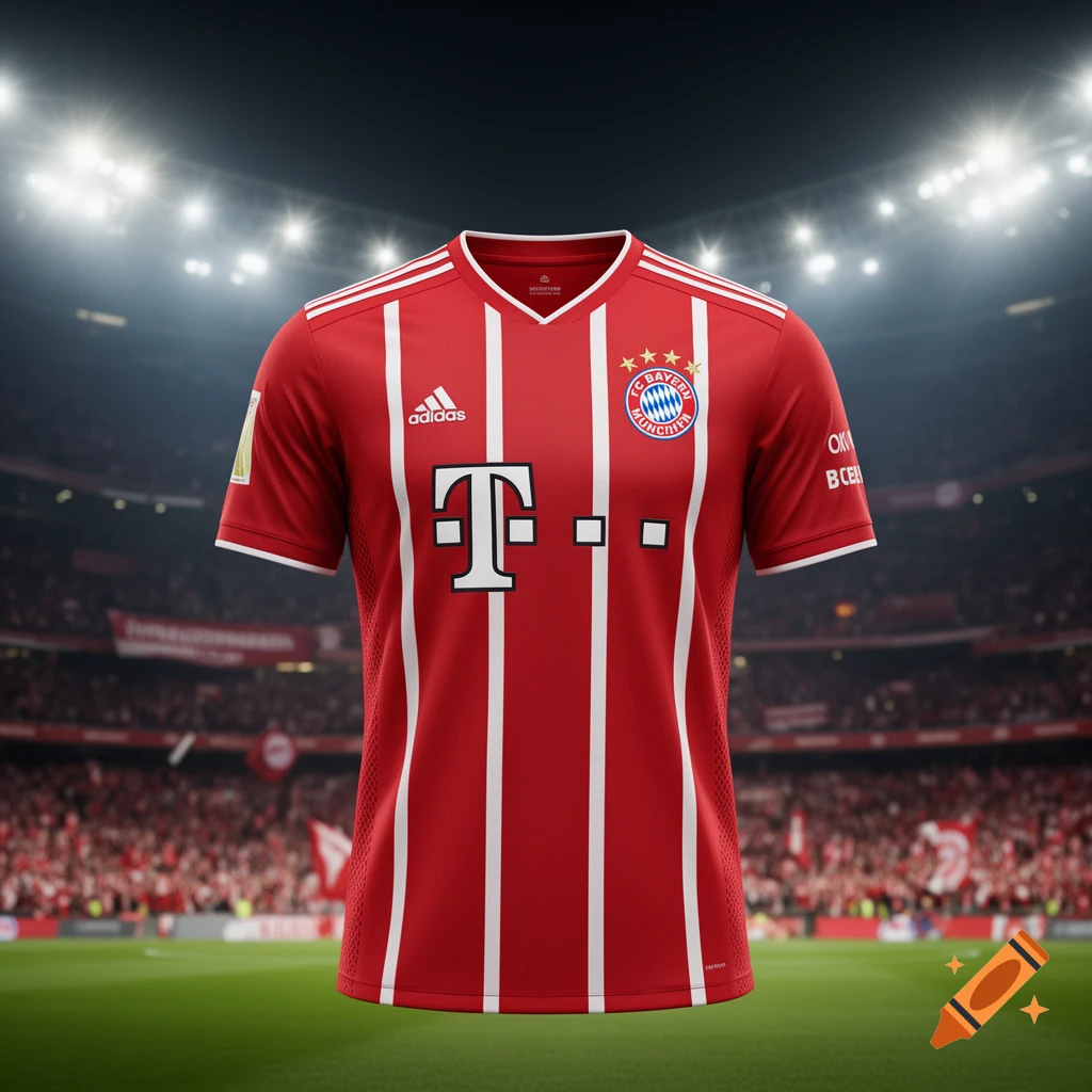 A red FC Bayern Munich home jersey with white stripes, Adidas and T-Mobile logos, and the club crest, floating above a green soccer pitch in a brightly lit stadium.