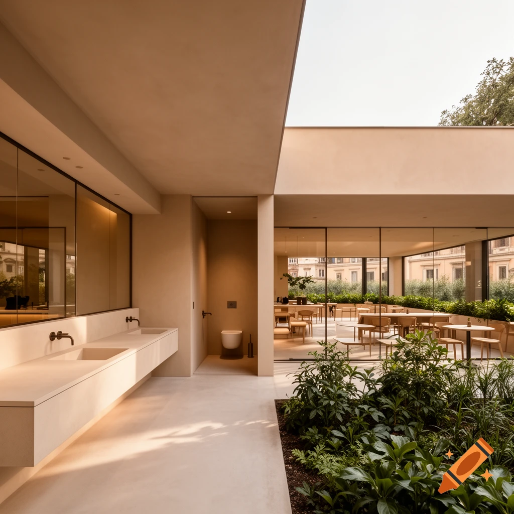 A modern minimalist café-restaurant interior with a bathroom area, light-colored walls, large windows, and lush green plants.