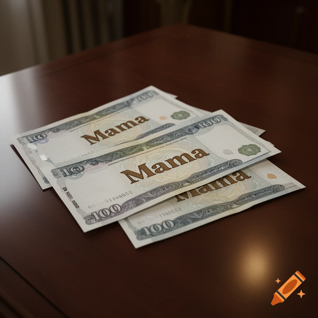 Several banknotes with 'Mama' and '100' printed on them are fanned out on a polished wooden table.
