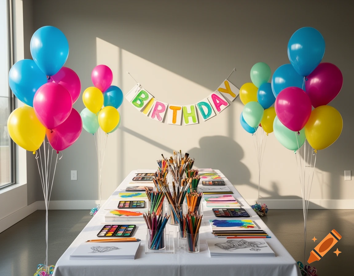 A long table covered in art supplies for a birthday party, flanked by colorful balloon clusters, with a 'BIRTHDAY' banner overhead.