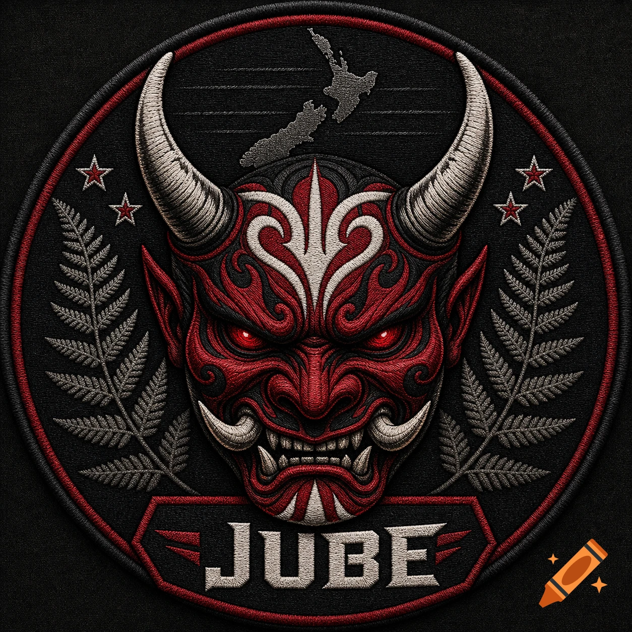 A red and black embroidered military-style patch with a fierce Oni face, white horns, red eyes, ferns, New Zealand map, stars, and 'JUBE' text.