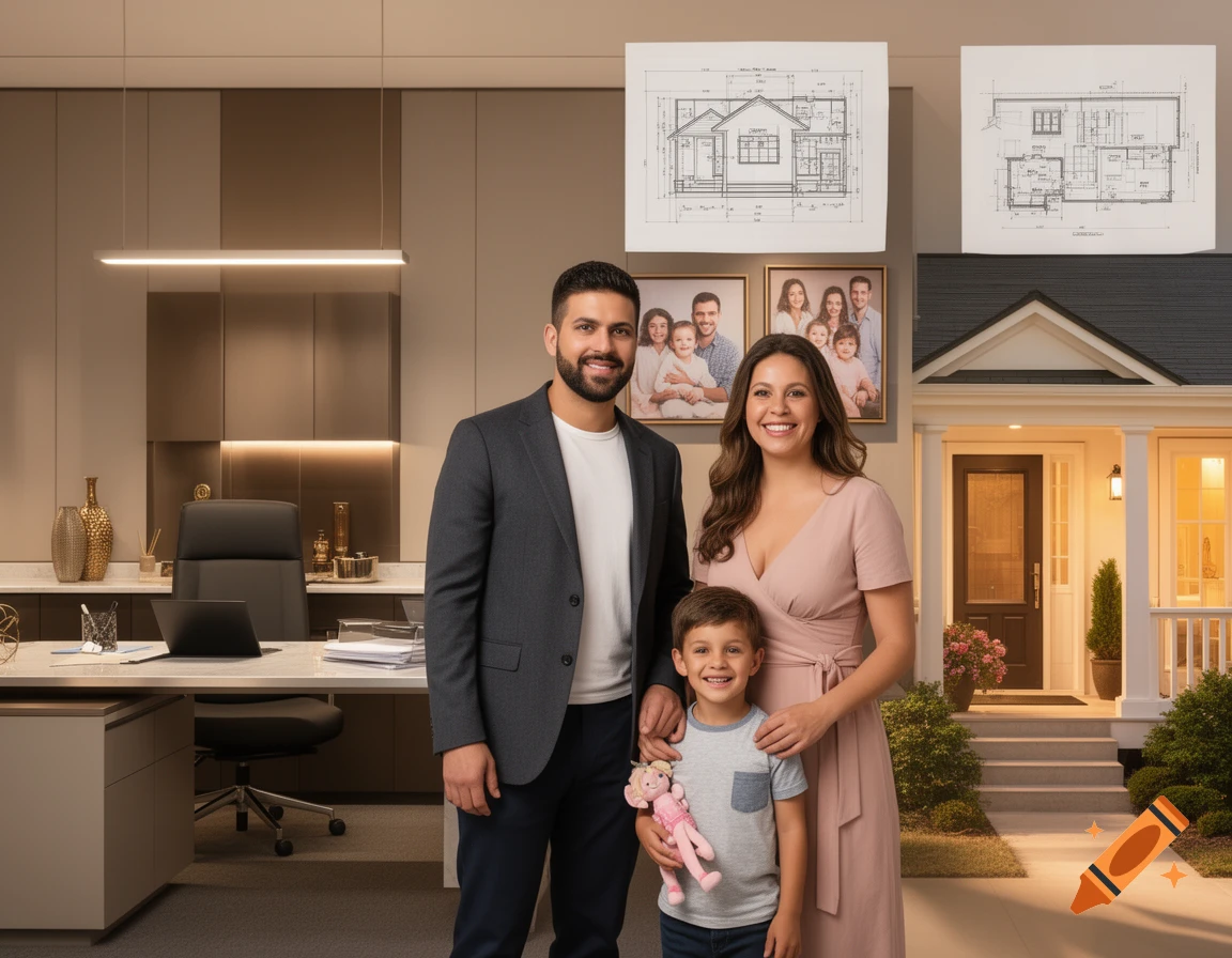 Photorealistic image of a smiling family, a man, woman, and boy, against a split background of a modern office and a house model with blueprints.