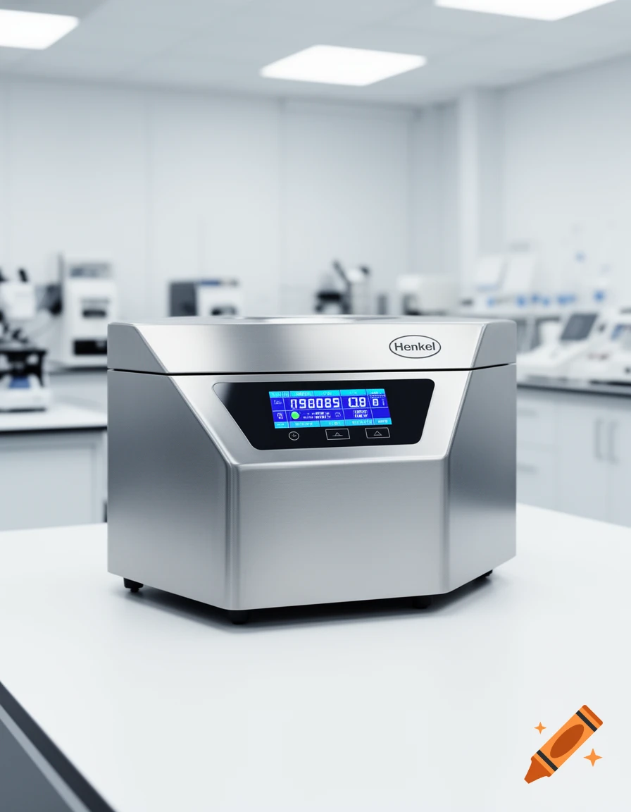 A metallic Henkel centrifuge with a digital screen on a white lab counter in a clean laboratory, photorealistic.