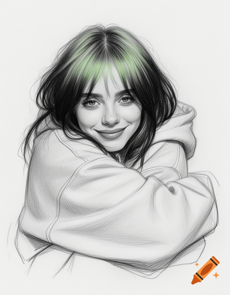 Pencil sketch of Billie Eilish with green highlights, wearing an oversized hoodie, smiling warmly.