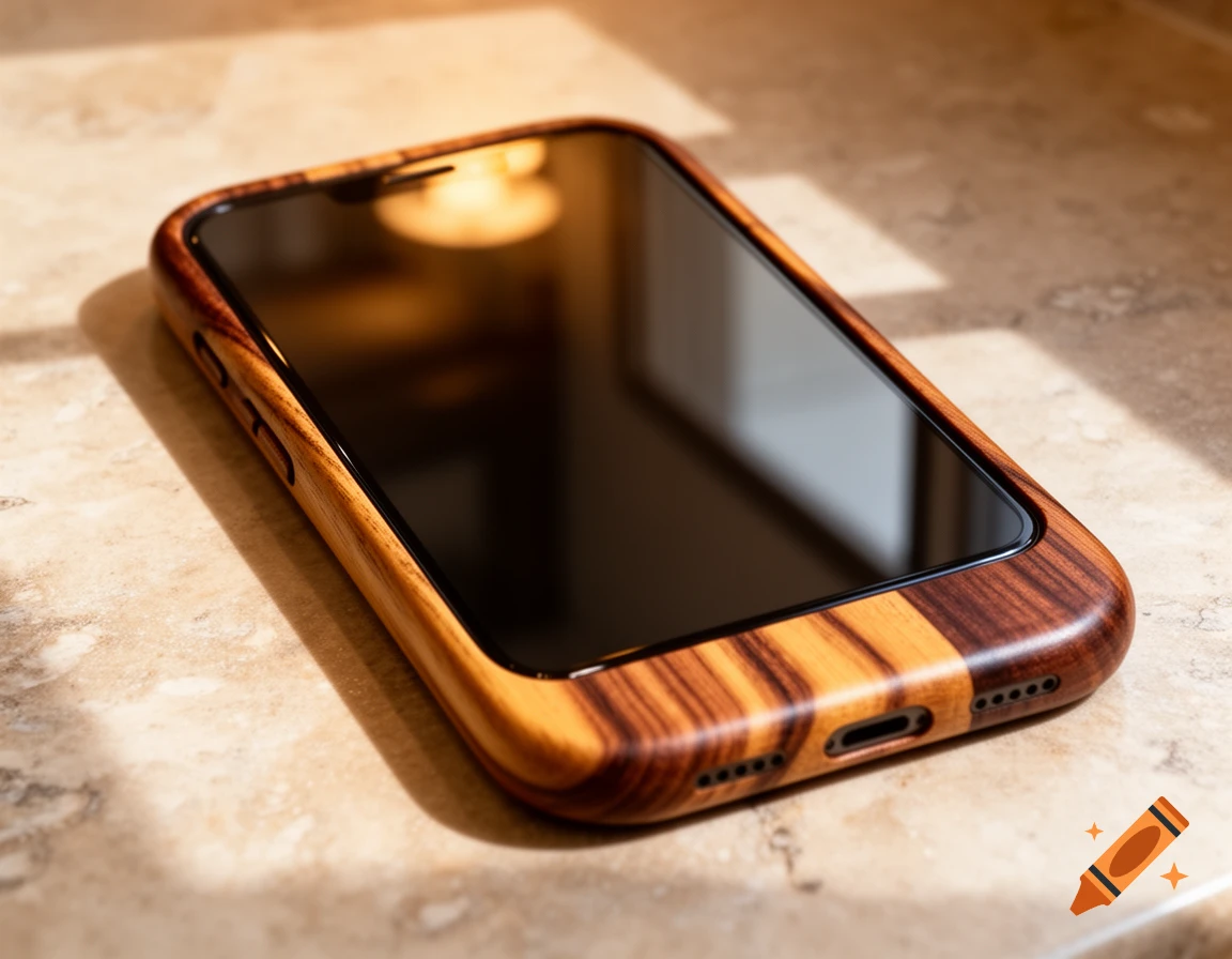 A close-up, high-angle shot of a smartphone in a striped wooden case, resting on a beige tiled surface in sunlight.
