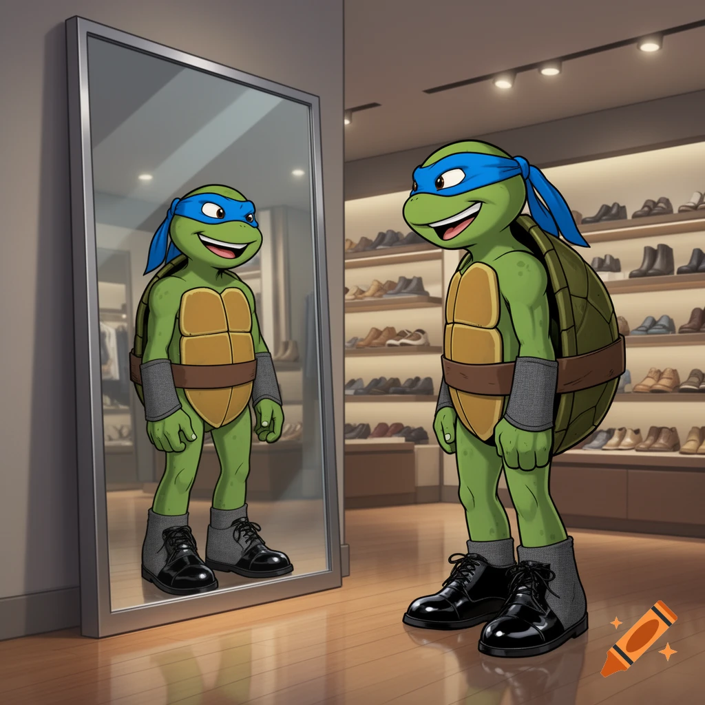 2D cartoon Leonardo from TMNT in a shoe store, smiling at his reflection while wearing a blue mask and black lace-up dress shoes.