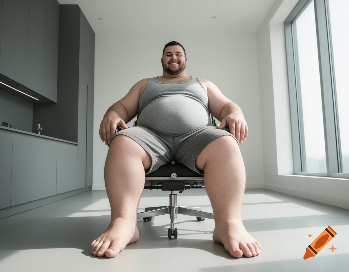 A very large man in a gray tank top and shorts sits smiling in a chair in a modern room with large windows.