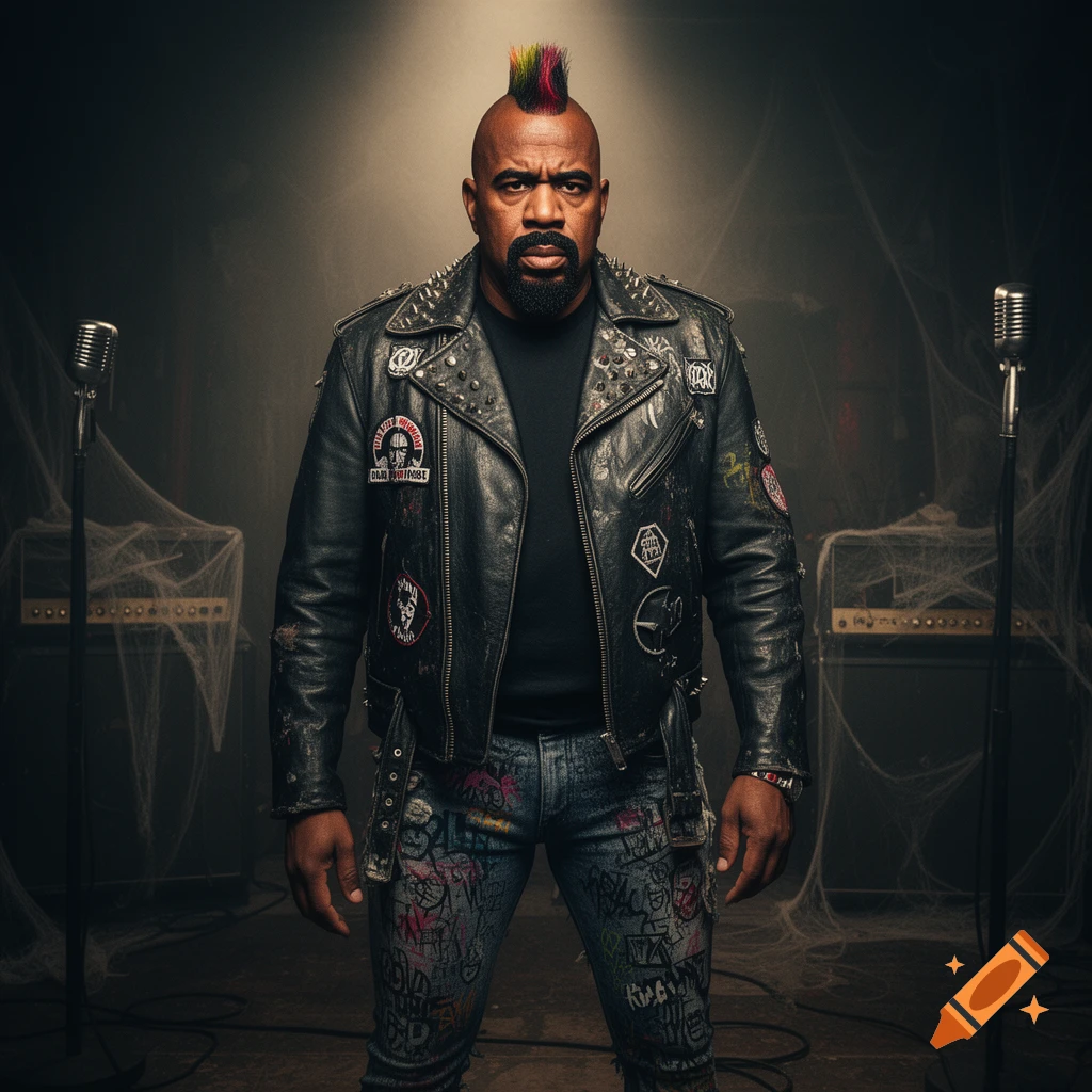 A man with a colorful mohawk and beard wears a studded leather jacket and graffiti-covered jeans, standing between two microphones and amps in a moody, web-draped room.
