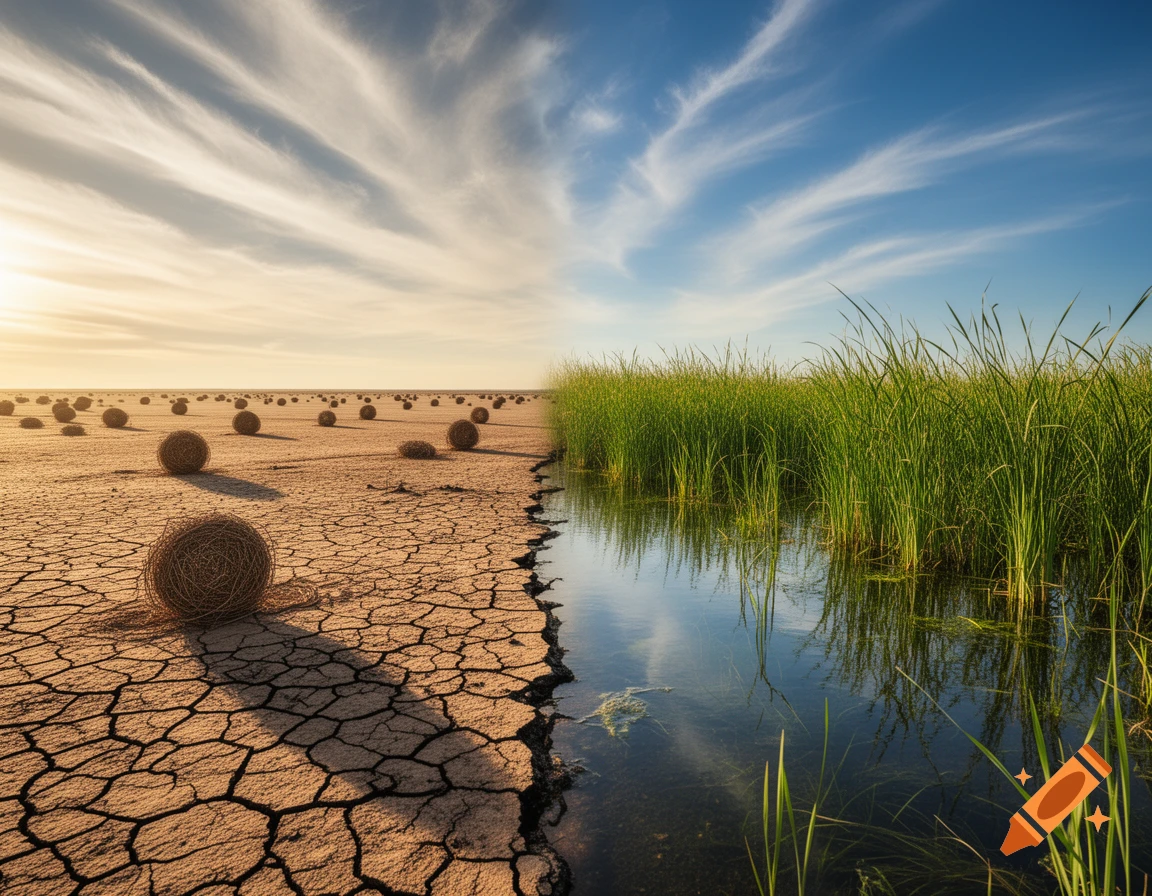 A landscape split between cracked, dry earth with tumbleweeds under a sunset sky and a lush green wetland under a blue sky.