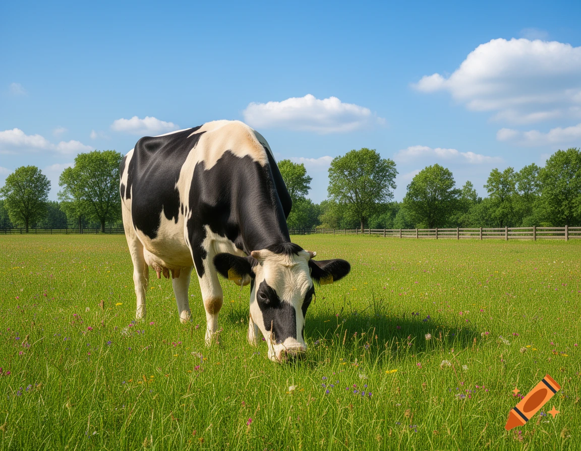 A black and white cow grazes in a vibrant green meadow under a clear blue sky with scattered clouds.