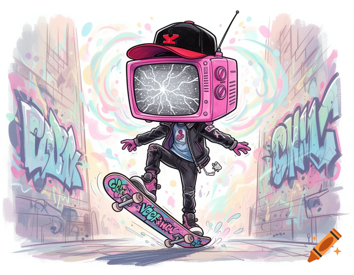 A pink TV-headed character wearing a black and red cap and jacket, skateboarding past graffiti-covered walls in a colorful, cartoon style.