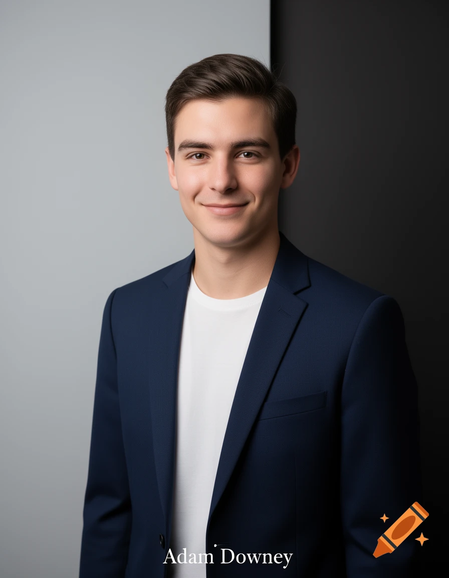 Smiling young man in a navy suit and white t-shirt against a grey and black background, photorealistic style.
