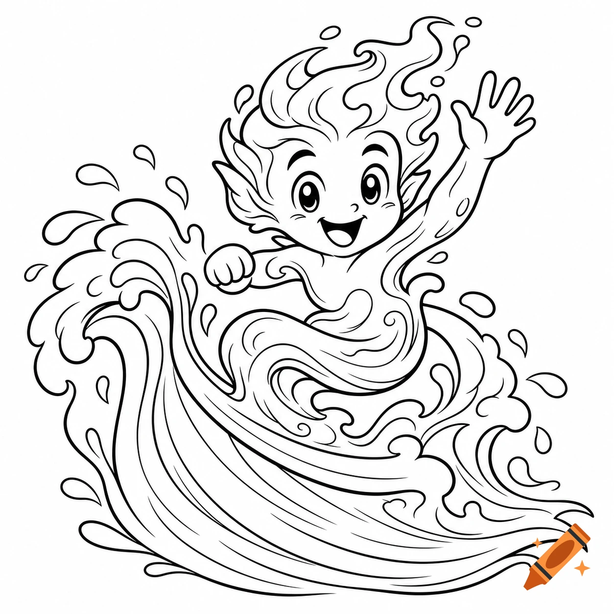 Cute cartoon river spirit riding a wave, waving with one hand, black and white line art.