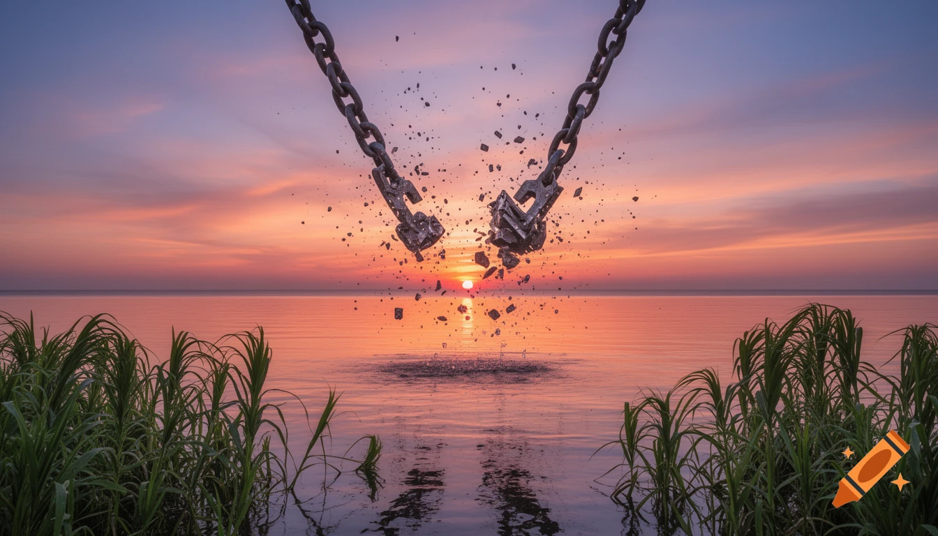 Photorealistic image of heavy metal chains breaking apart over a calm ocean at a vibrant sunset, with reeds in the foreground.