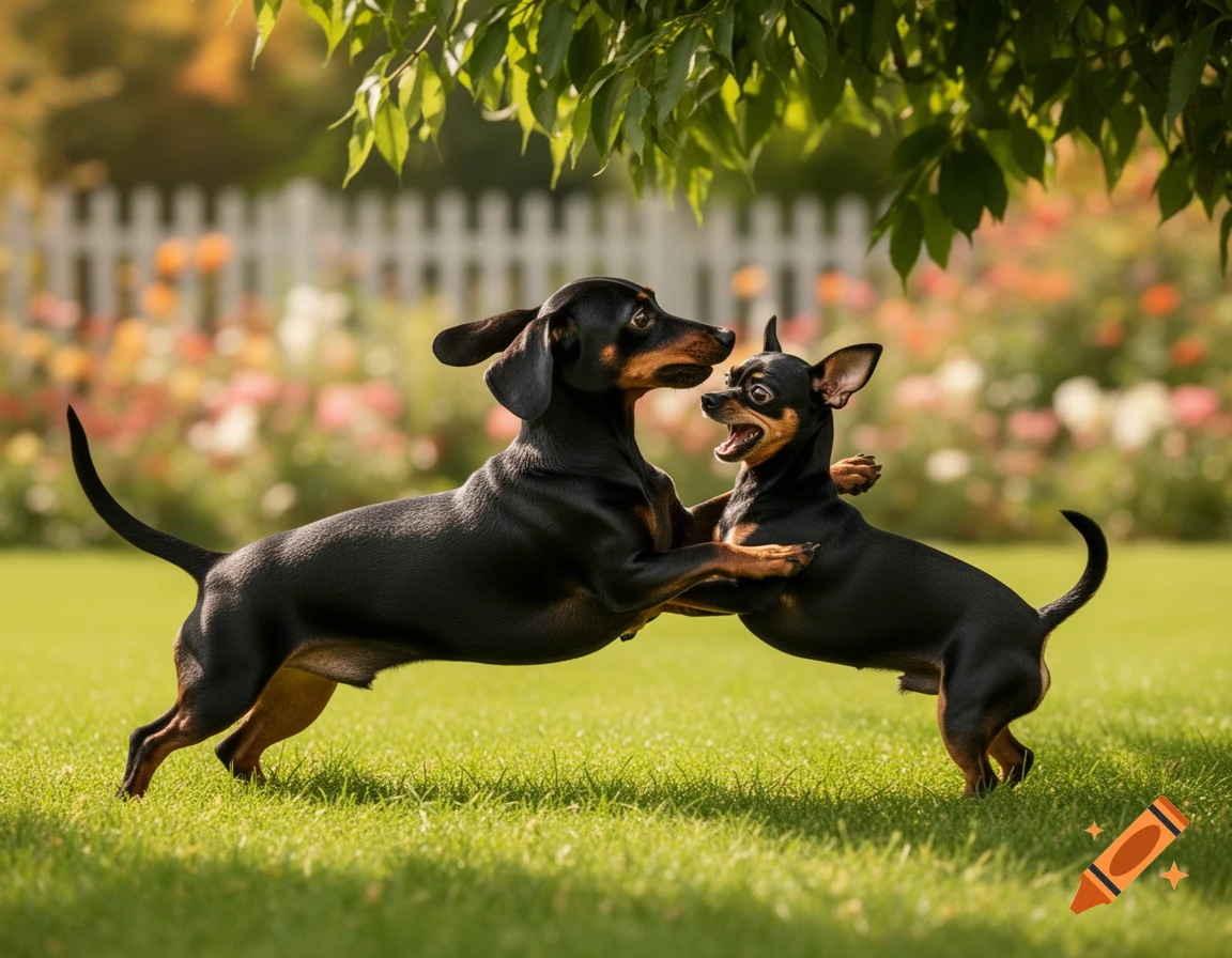 A black dachshund and a black chihuahua playfully wrestle on a green lawn with a blurred background of flowers and a white picket fence, in a photorealistic style.