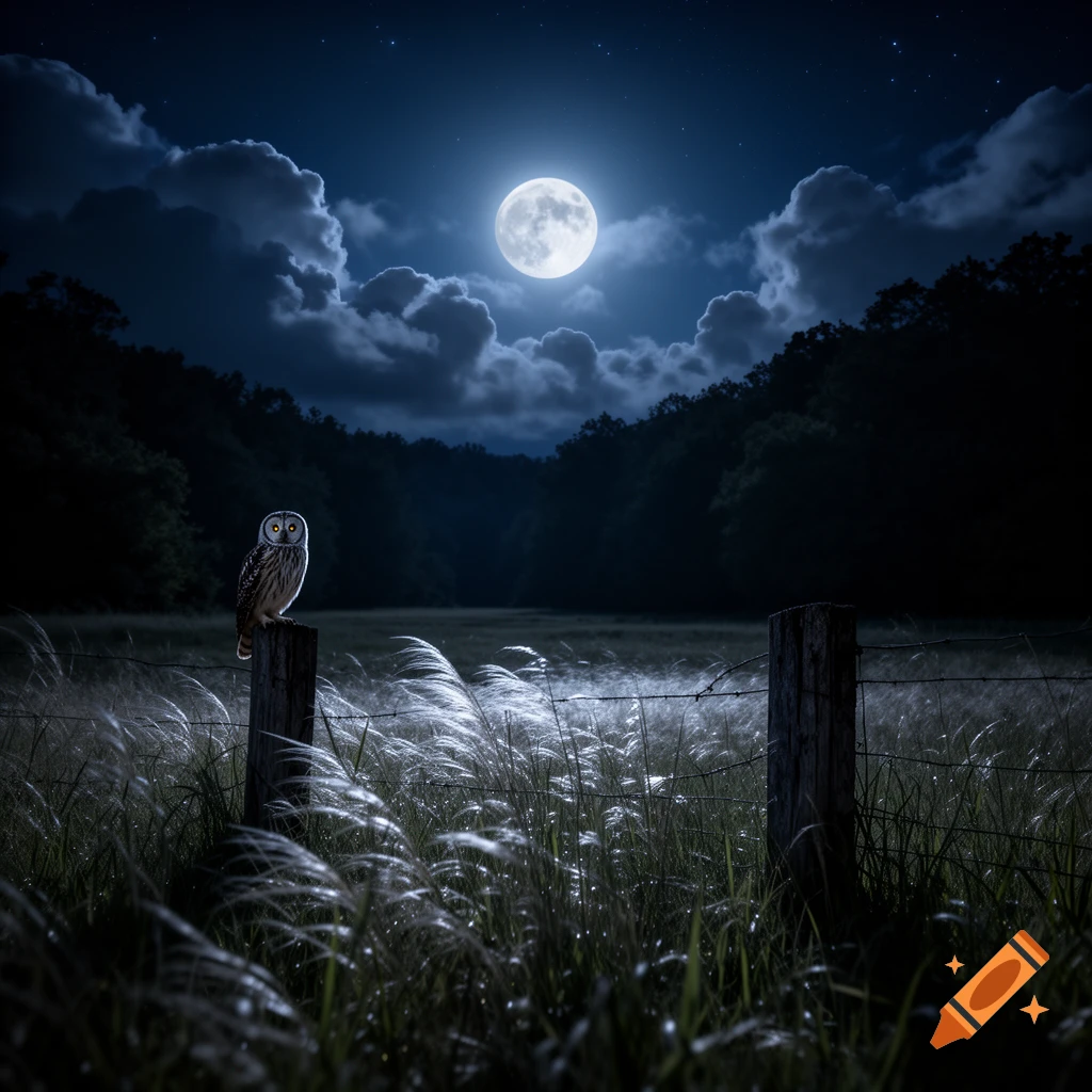 An owl perches on a wooden fence post in a moonlit field at night, with a bright full moon and clouds in the dark sky.