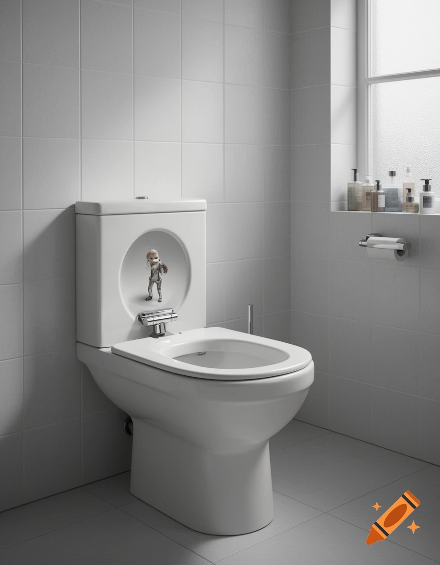 A small doll-like figure stands inside the open tank of a white toilet in a tiled bathroom.