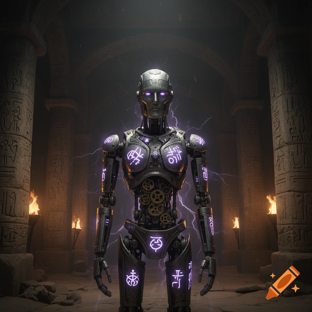 A fantasy automaton with glowing purple symbols stands in an ancient, dark tomb with carved pillars and torches, surrounded by purple lightning.