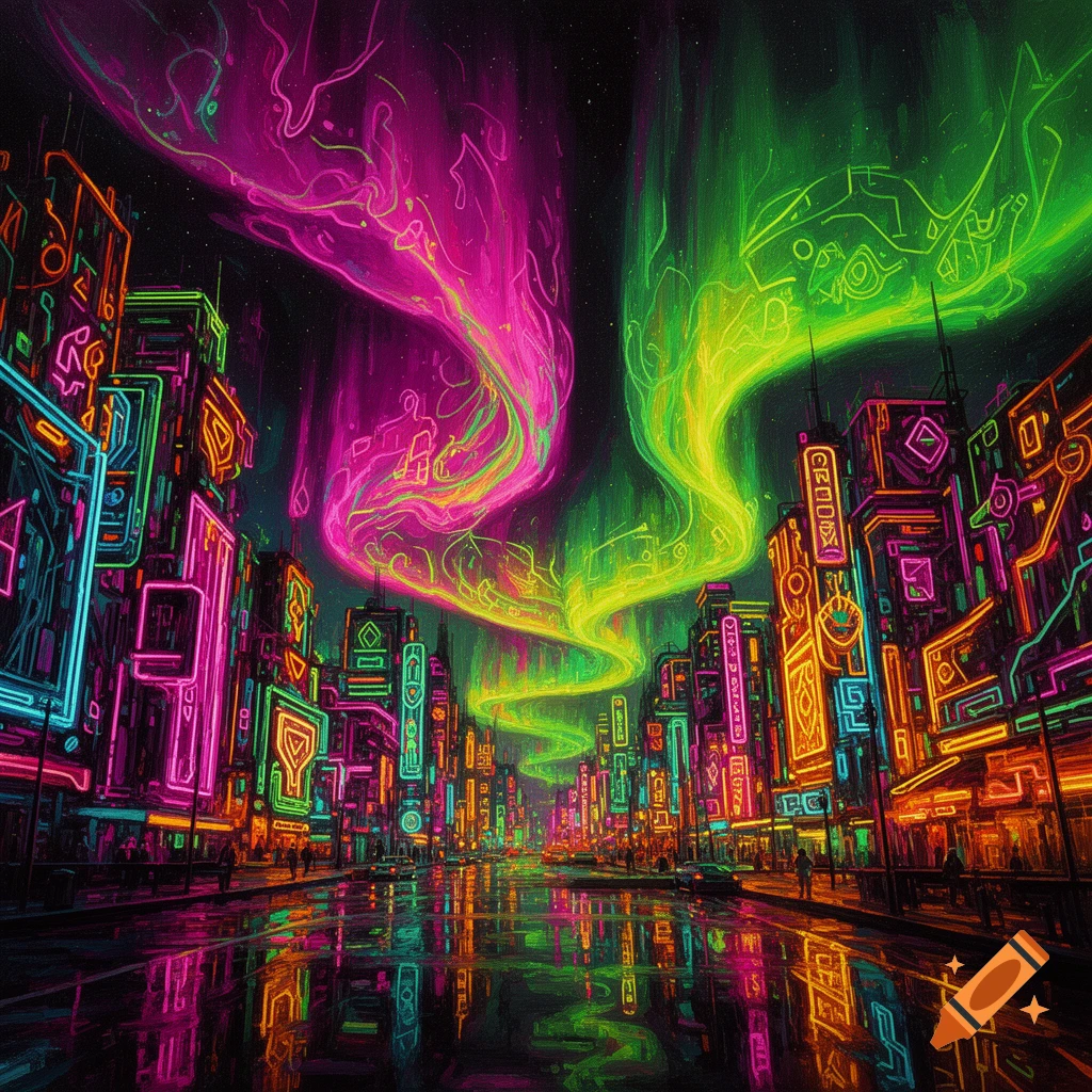 Vibrant neon city street at night with glowing pink and green aurora borealis lights reflecting on the wet pavement, in a cyberpunk style.