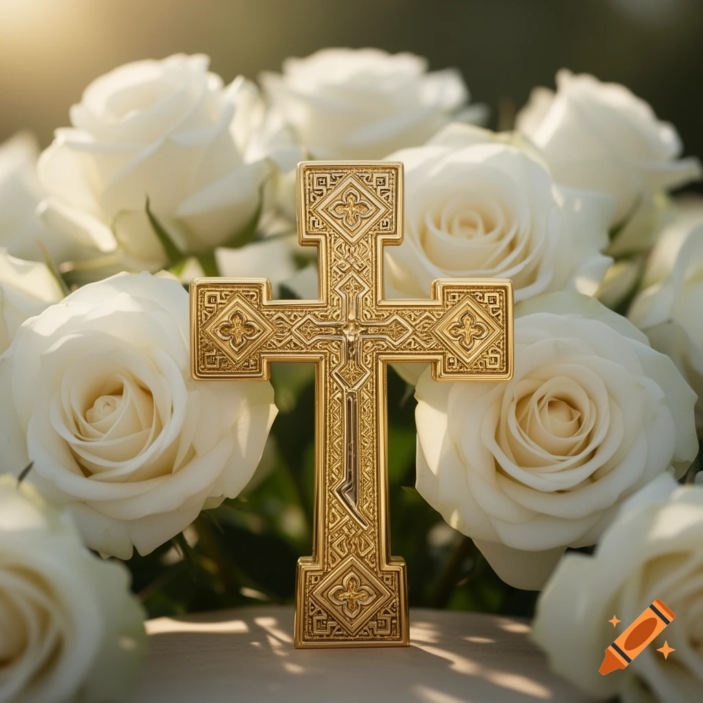 A detailed golden Byzantine cross stands among soft white roses, illuminated by warm sunlight.