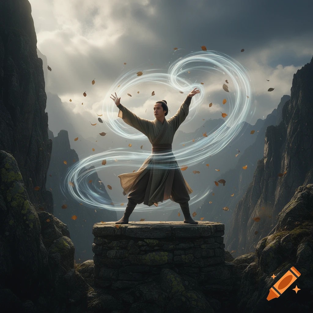 A person in martial arts attire on a stone platform in mountains, performing air bending with swirling blue energy and autumn leaves around them.