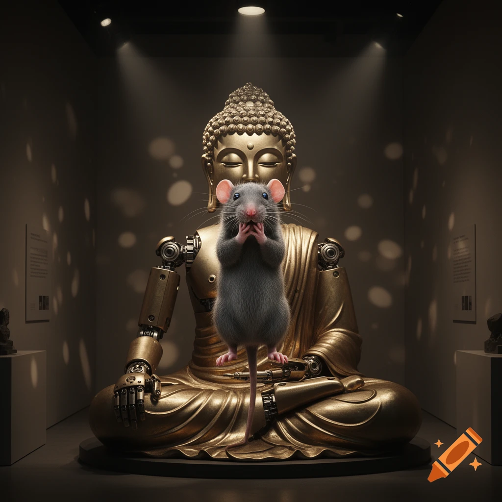 A photorealistic gray rat stands on its hind legs with paws near its mouth in front of a golden animatronic Buddha statue in a dimly lit museum.