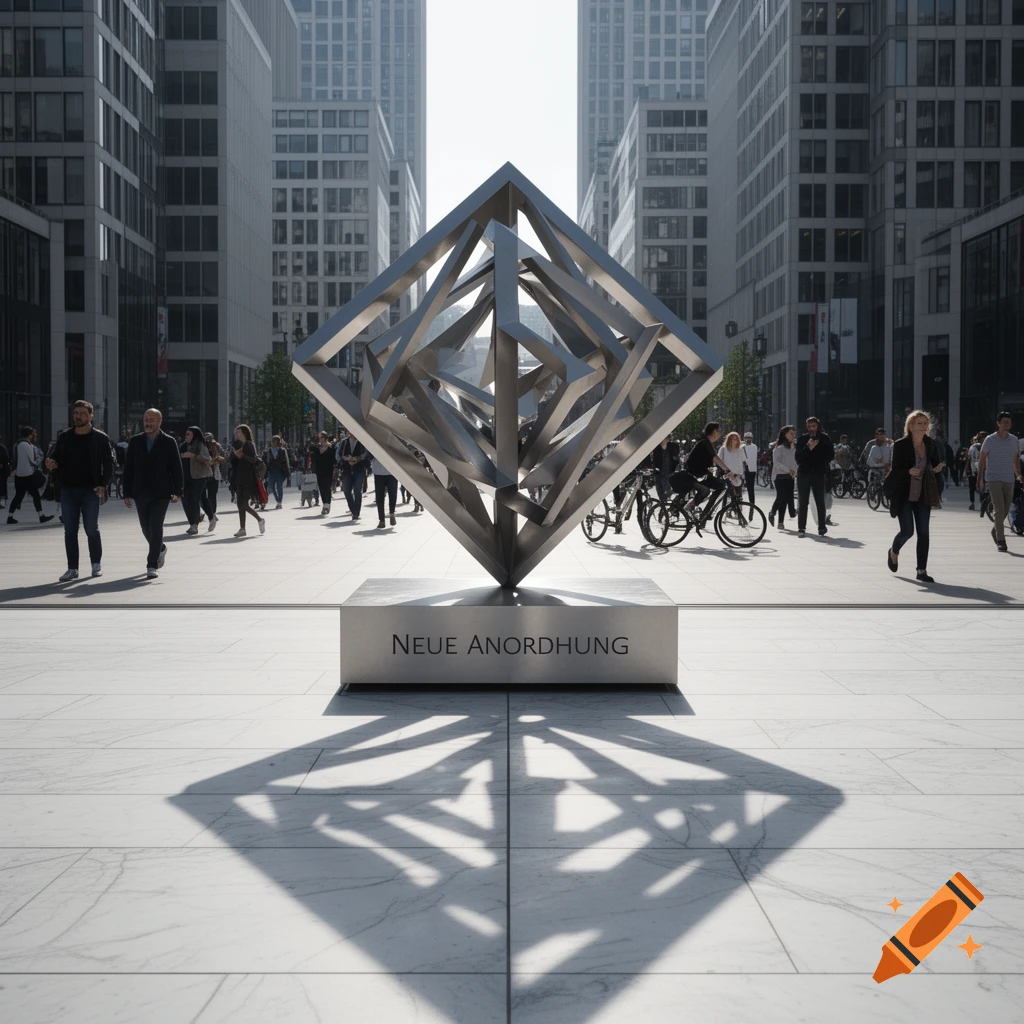 A large metal cubic sculpture, 'NEUE ANORDNUNG', in a sunny modern city square with people and tall buildings.