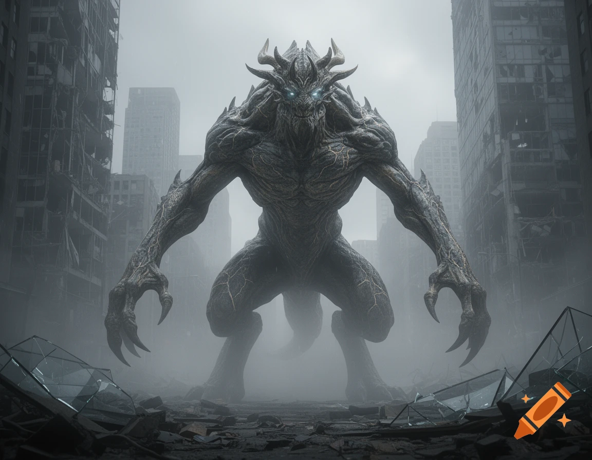 A giant, horned monster with glowing blue eyes stands menacingly in a foggy, destroyed city. Photorealistic.
