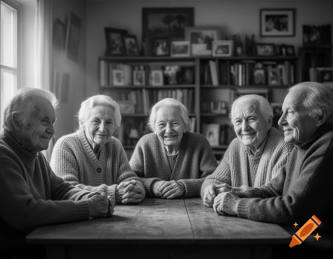 Five smiling elderly people sitting around a table in a black and white photorealistic image.