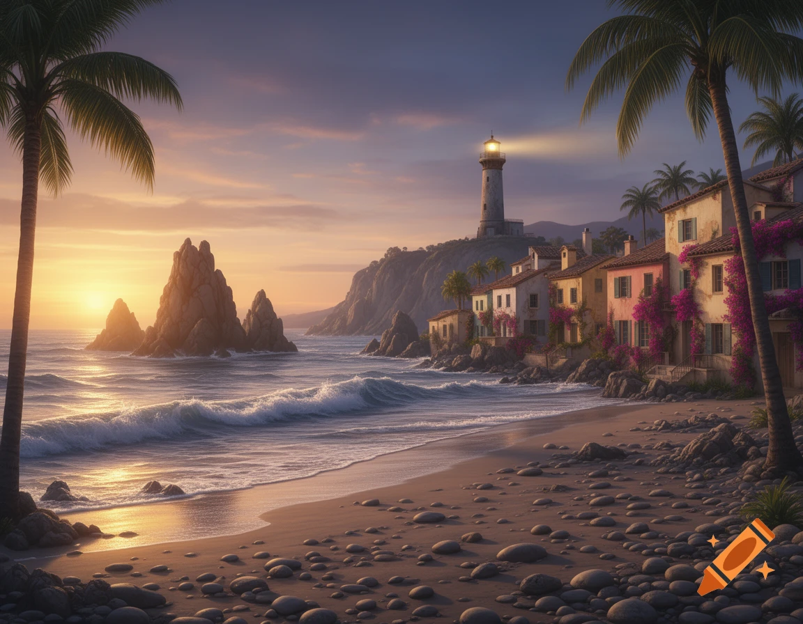 Photorealistic view of a vibrant coastal town with a lighthouse, palm trees, and a rocky beach at sunset.