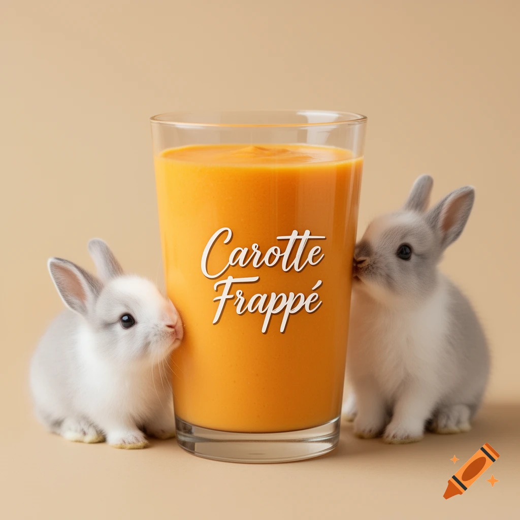 Two adorable, fluffy bunnies, one white and one grey, leaning against a glass of orange "Carotte Frappé" smoothie on a beige background, photorealistic style.