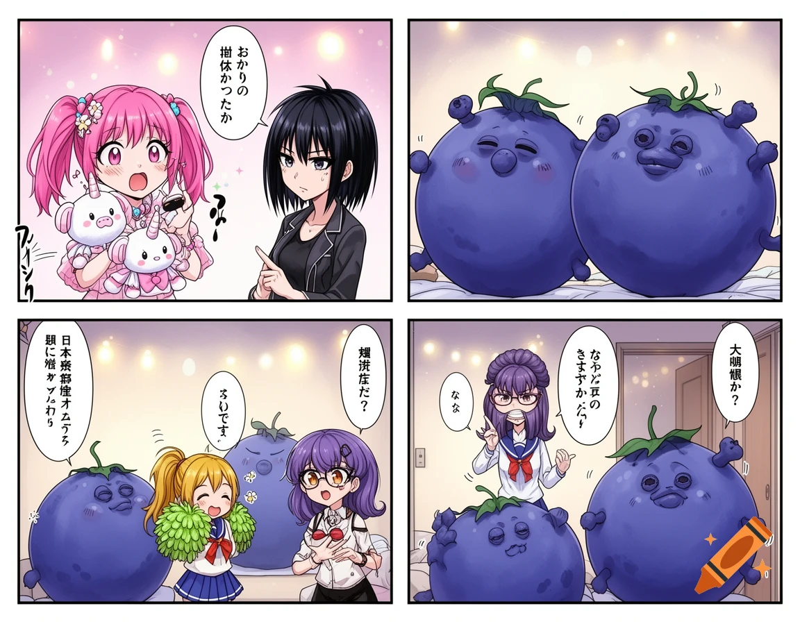 A four-panel anime comic depicting several girls, some still human and some transformed into large, round, blue blueberry-like creatures with faces, in various interactions.