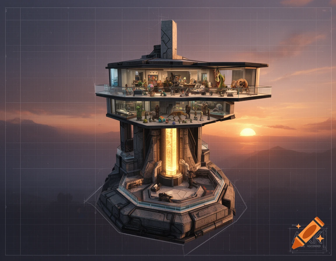 A futuristic multi-level skyscraper base with a glowing obelisk at its core, detailed with a cross-section view in an architectural blueprint style against a sunset.