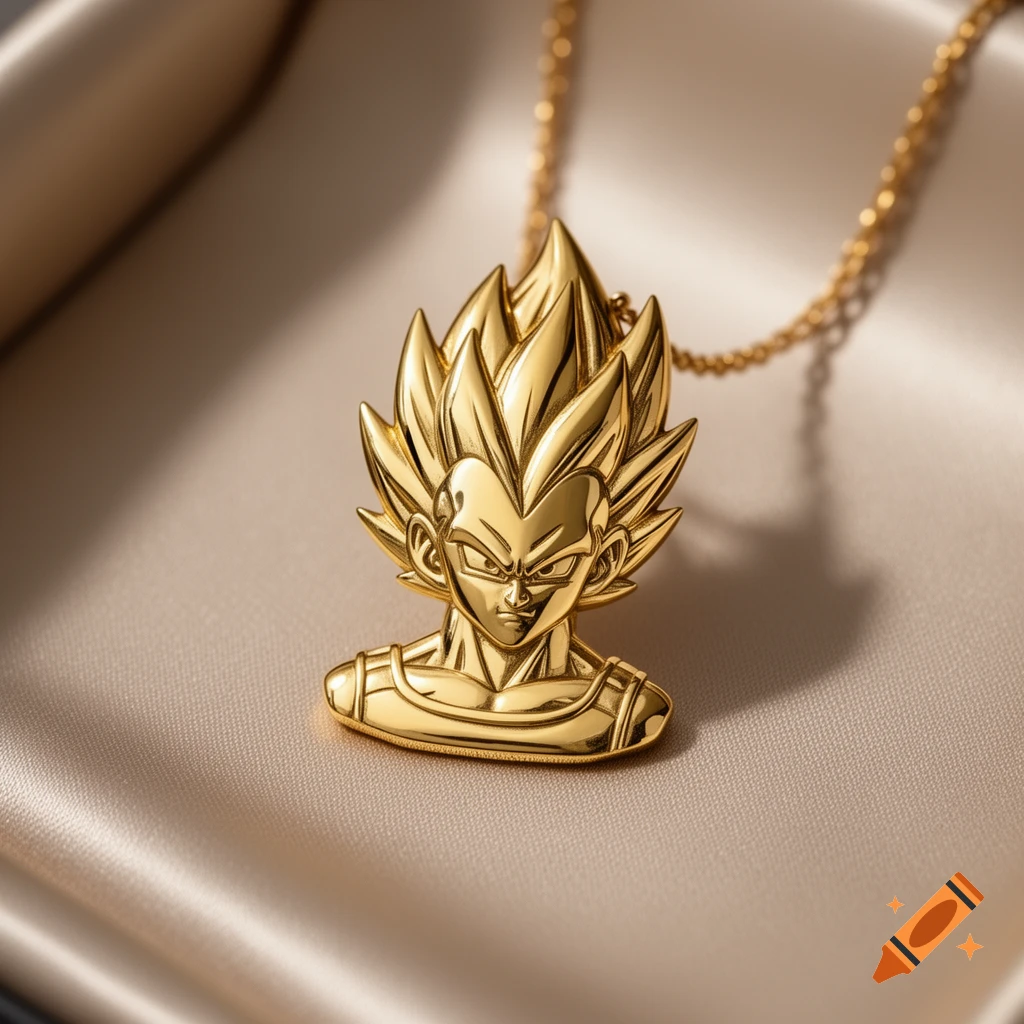 A close-up of a shiny gold pendant shaped like Vegeta's head from Dragon Ball Z, resting on a beige satin surface.
