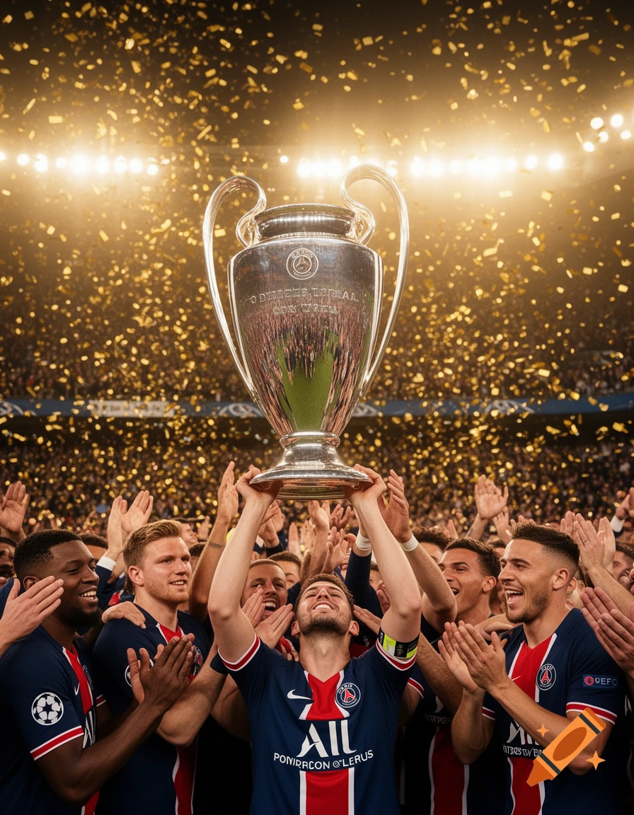 A group of male soccer players in blue and red jerseys cheer as one lifts a silver trophy under a shower of golden confetti in a stadium.