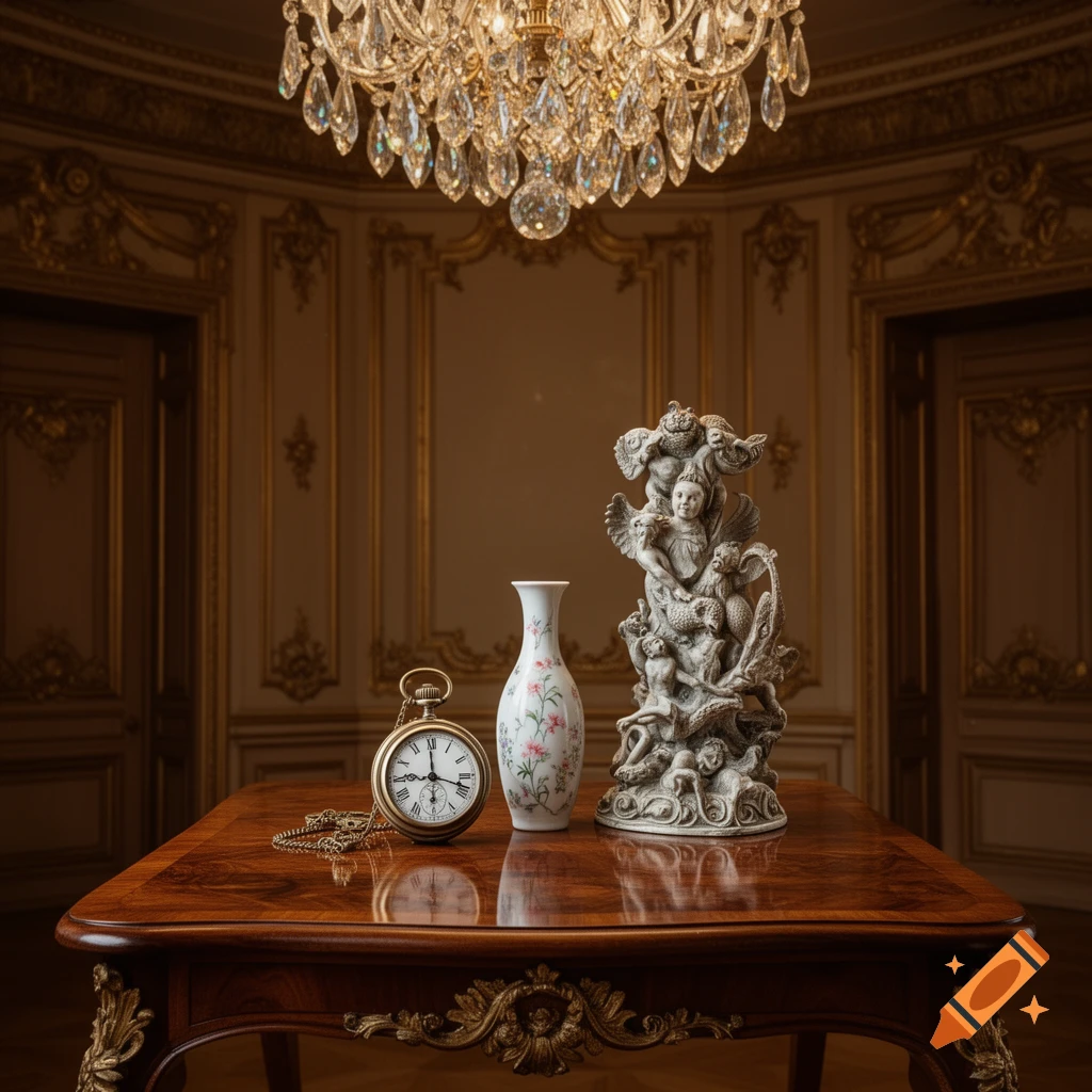 Photorealistic still life of a pocket watch, floral vase, and cherub statue on a wooden table in an ornate room with a crystal chandelier.