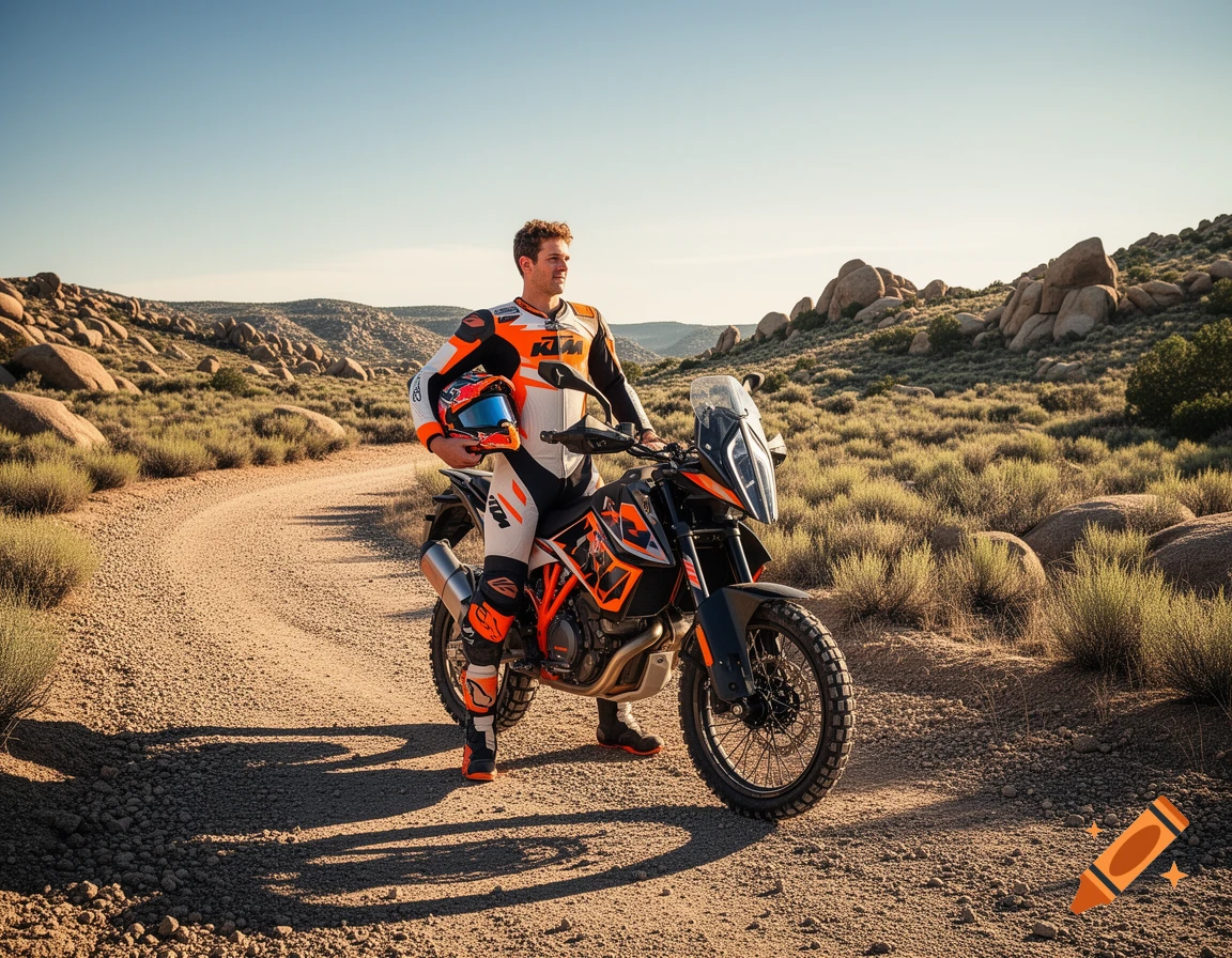 A man in orange and black KTM racing gear stands next to a black and orange KTM adventure motorcycle on a dirt road in a rocky, arid landscape under a clear sky.