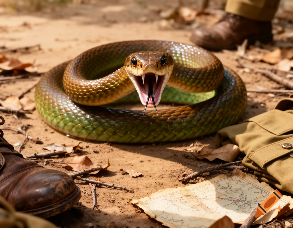 A coiled brown and green snake with its mouth open and fangs exposed, on sandy ground near human boots, a bag, and a crumpled map.