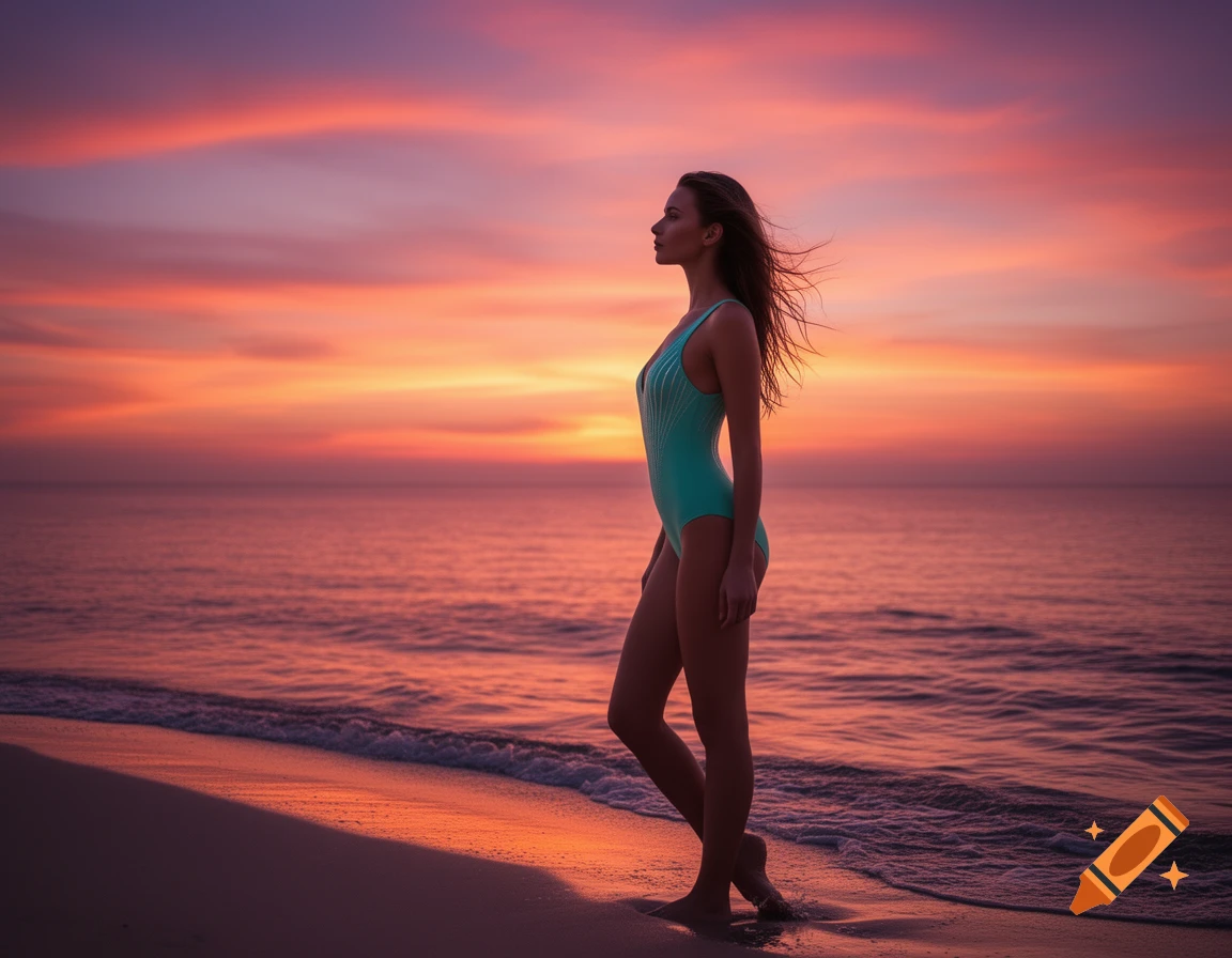 A woman in a turquoise swimsuit stands on a beach, looking out at a vibrant sunset over the ocean.
