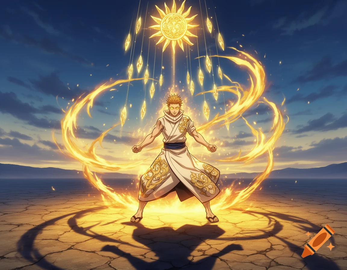 Anime man in white robe with golden hair and glowing eyes, surrounded by fire and solar energy emanating from a sun symbol above, on cracked ground.