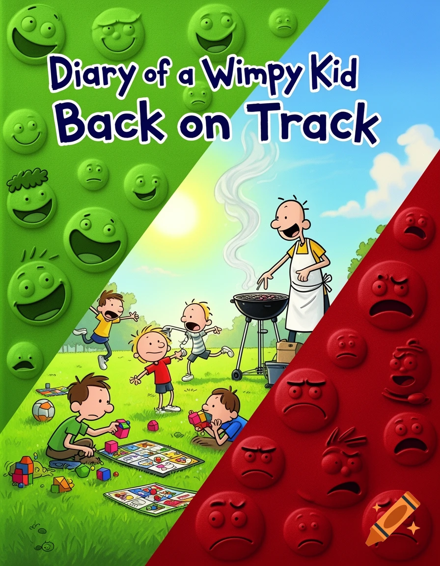 Cartoon book cover for "Diary of a Wimpy Kid: Back on Track". A family barbecues and kids play in a park, split by happy and angry emoticons.