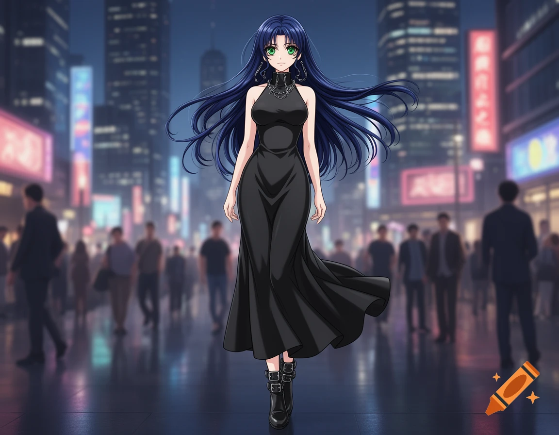 Anime woman with long blue hair and green eyes, wearing a black halter-neck dress and boots, stands on a wet city street at night with blurred neon lights.